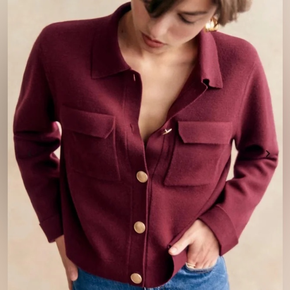Sezane Betty Cardigan in burgundy with gold buttons